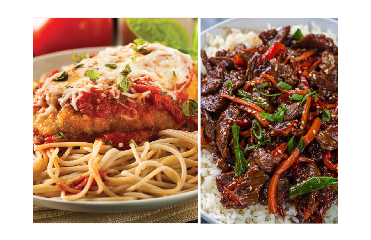 chicken parm and mongolian beef collage